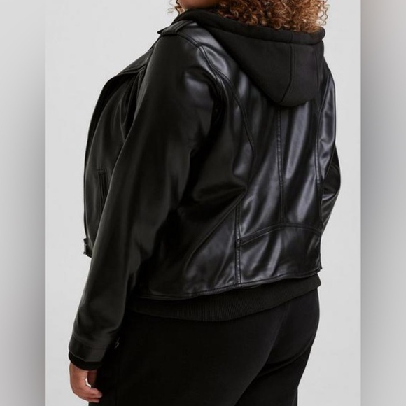 #412 - Torrid Fabric Mix Hooded Moto Jacket Faux Leather Trucker Black - Picture 3 of 6